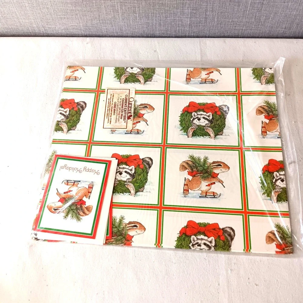 Current Critters Vintage Gift Wrapping Paper 80s Christmas Holiday Animals Skate